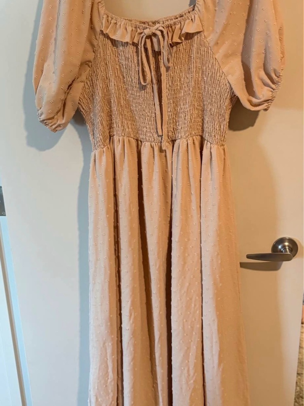 SHEIN Cream Smocked Bodice Puff Sleeve Maxi Dress